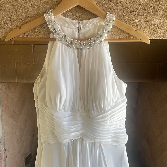 Eliza J Embellished Tiered Chiffon Halter Gown Dress in White - Picture 12 of 16